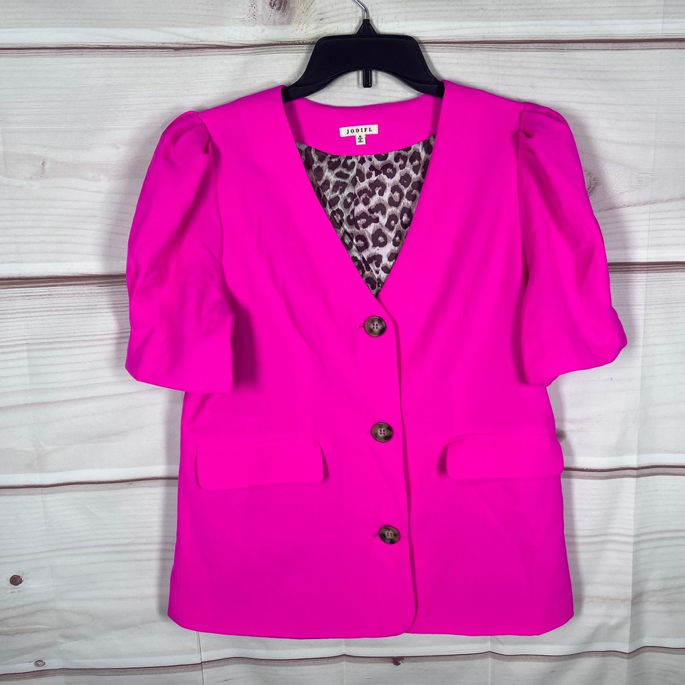 Jodifl Blazer Womens Medium Pink Short Puff Sleeve Button Front Career Solid